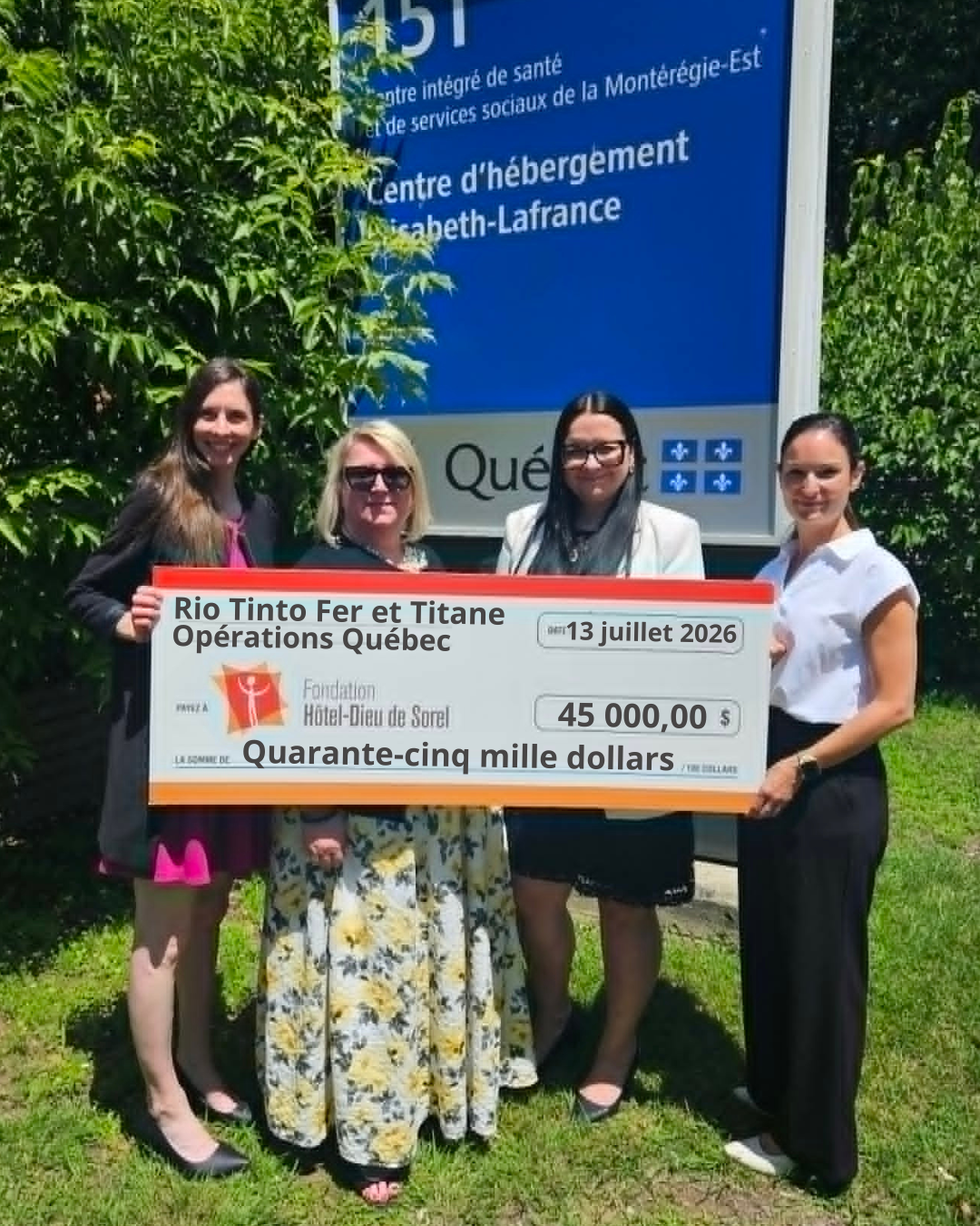 Un nouveau partenariat entre la Fondation Hôtel-Dieu de Sorel et Rio Tinto Fer et Titane – Opérations Québec